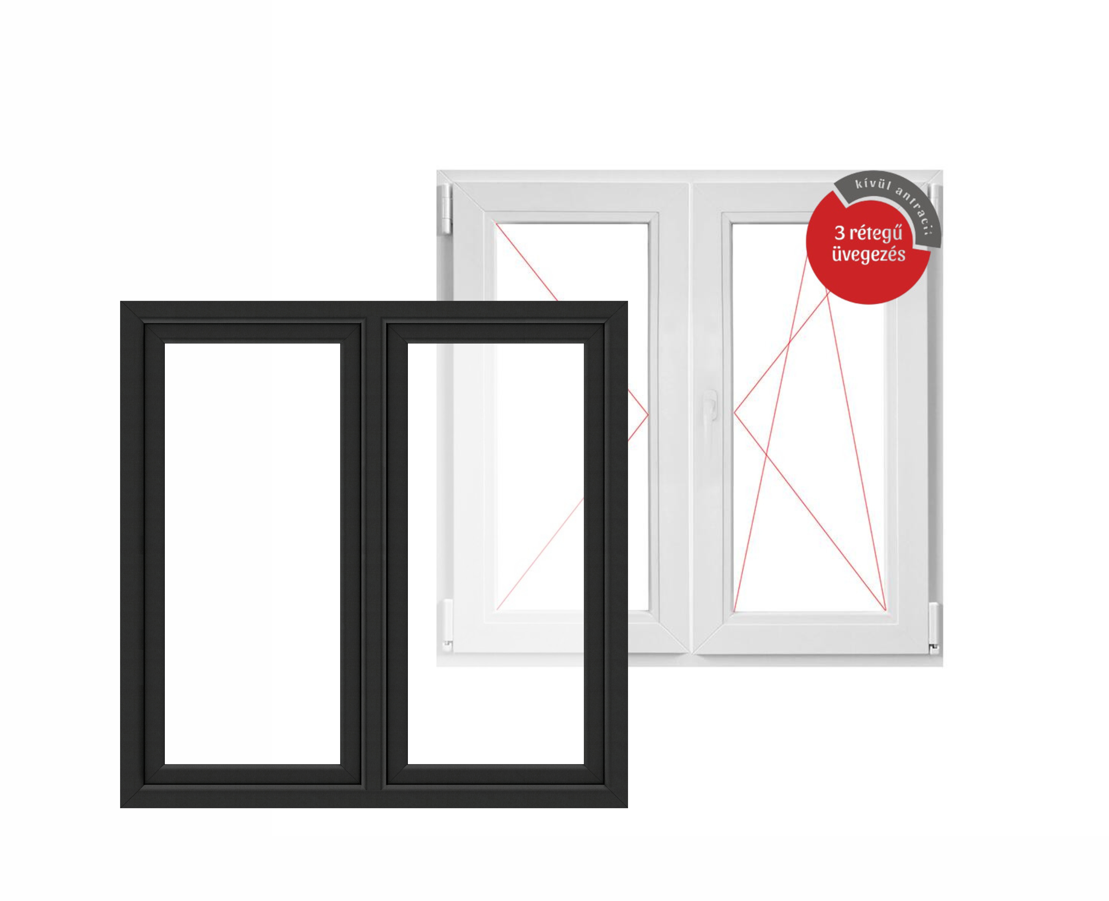 150x150 cm, műanyag középen felnyíló/bukó-nyíló ablak, jobbos, kívül antracit